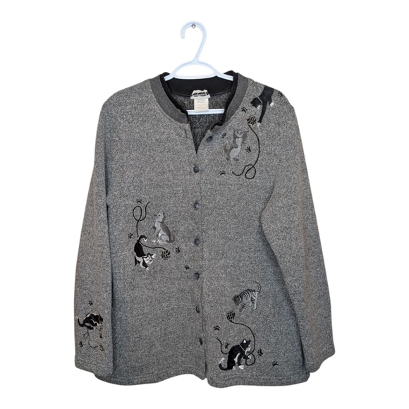 BonWorth Sweaters - Vintage Bon Worth Woman Large Grandma Cat Embroidered Button Down Cardigan Grey